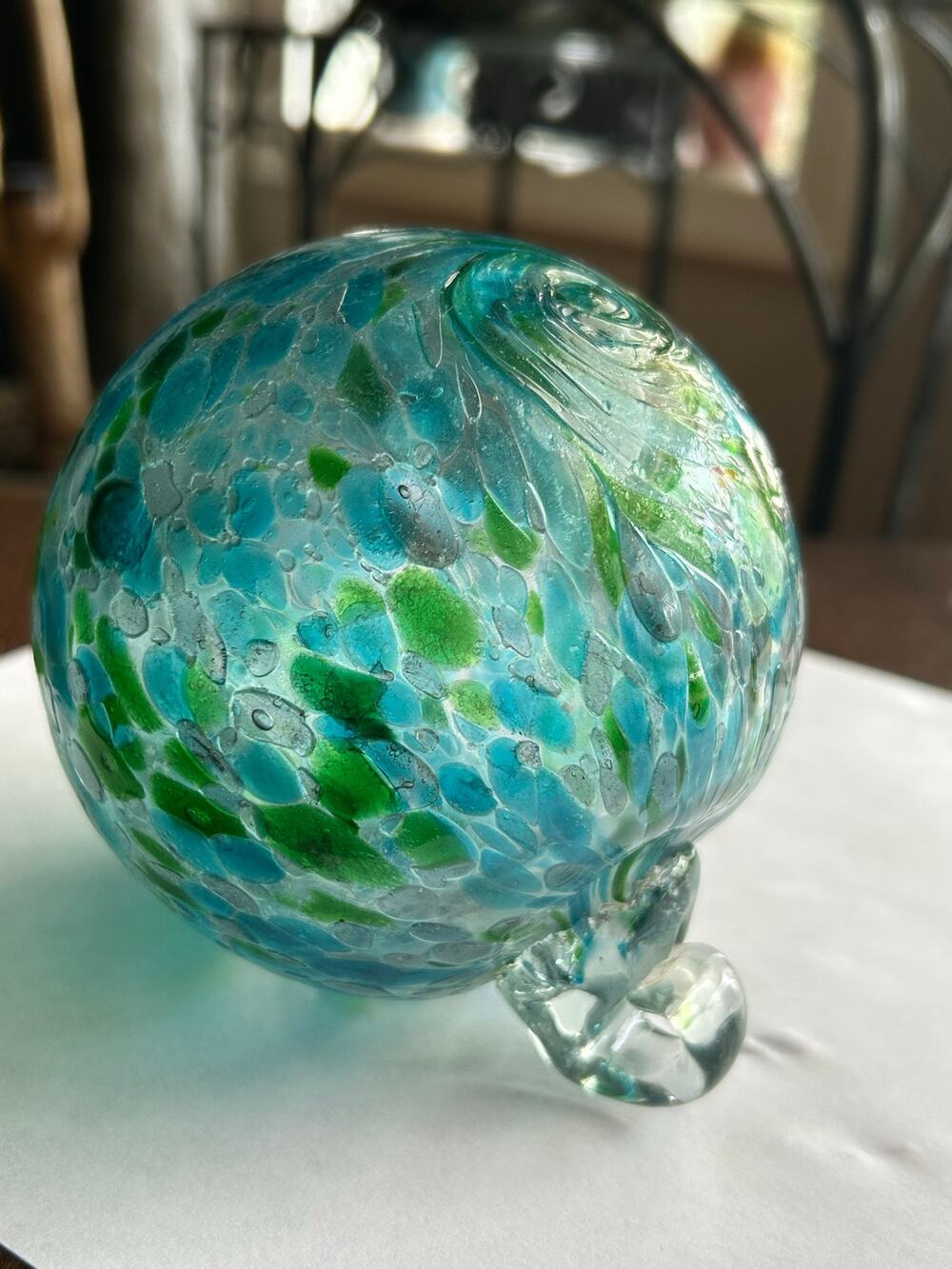 Hand Blown Green Blue Crystal Glass Orb Ball Ornament Art Glass 4” witches ball